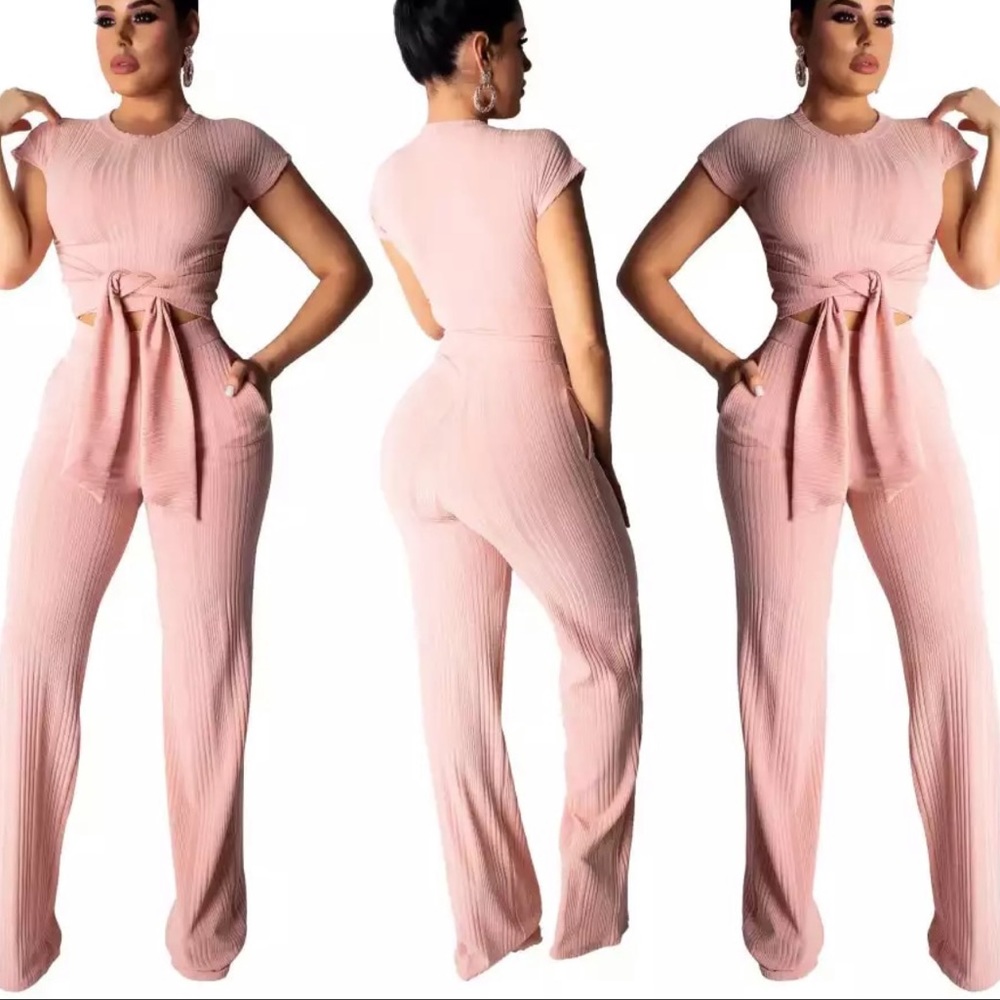 Pink two piece set crop top and pants size small